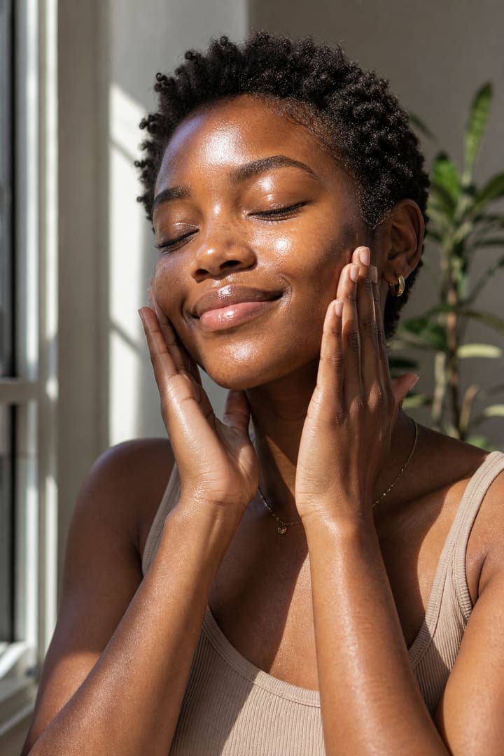 A woman patting serum into her skin in the morning light