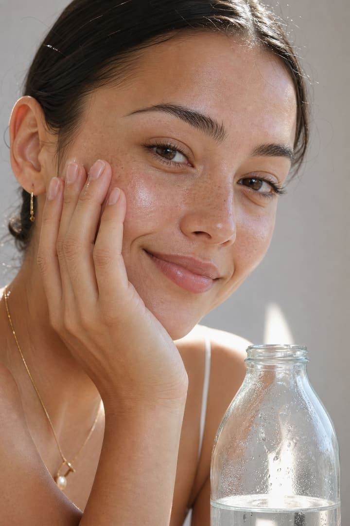 A woman touching her hydrated cheek, a water bottle next to her